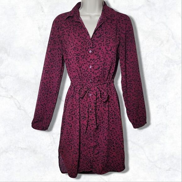 A New Day Maroon Leopard Long Sleeve Synch Waist Button Up Dress - Picture 1 of 8